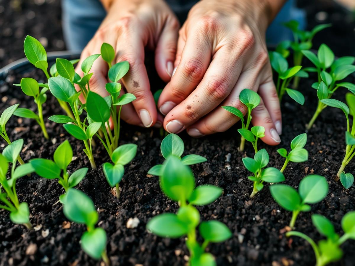 Gardener tending young green seedlings growing in dark soil