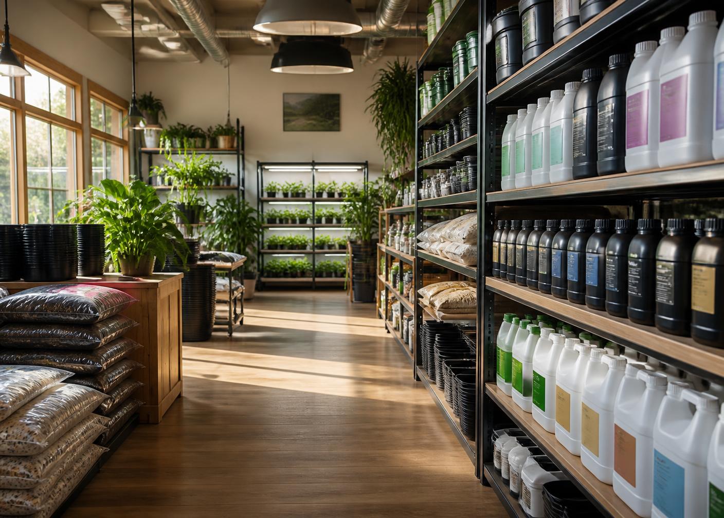 Interior of a gardening and hydroponics supply store with shelves of nutrient bottles, growing media and pots